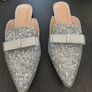 Chase + Chloe Silver Glitter Bow Mules